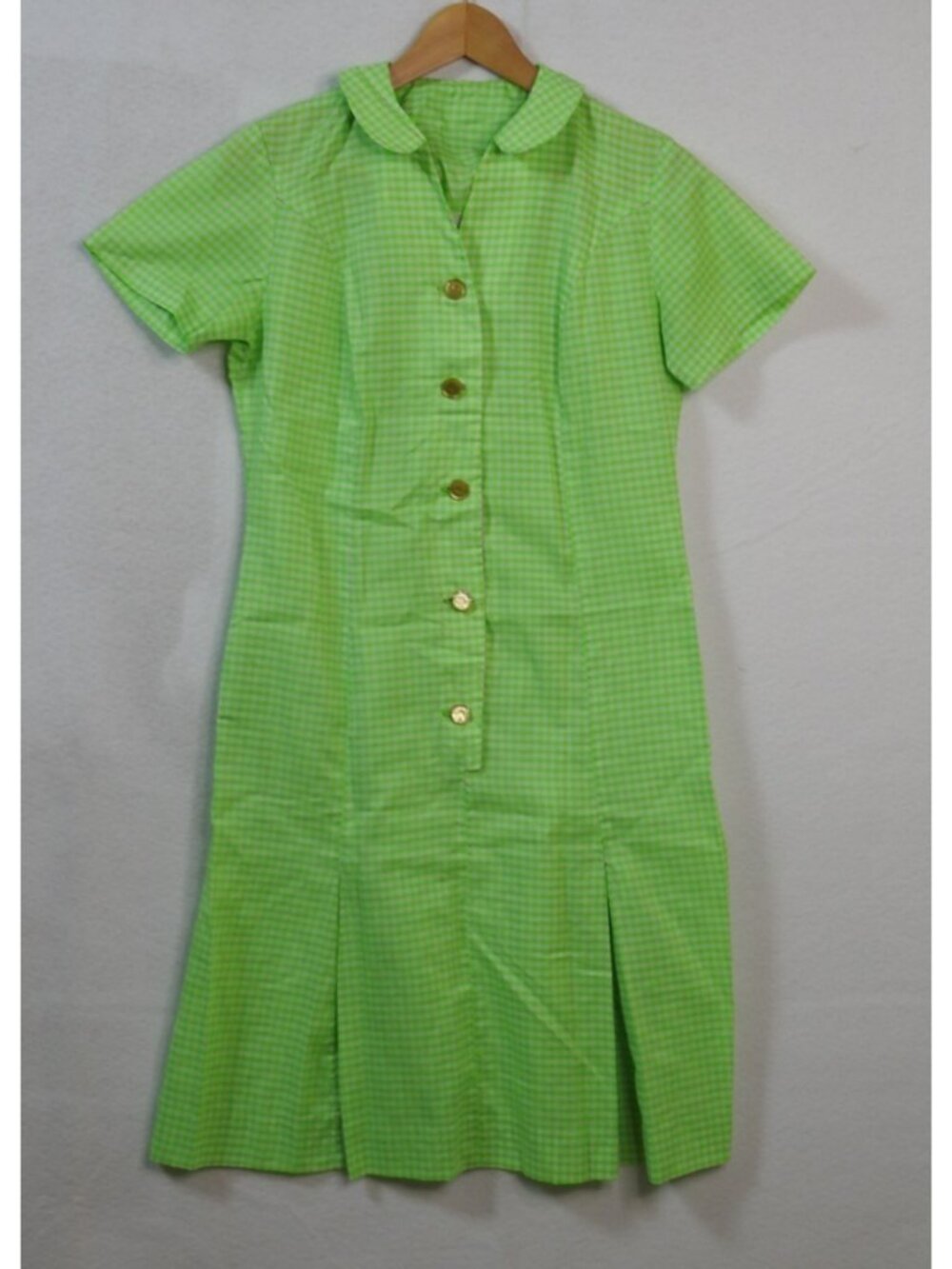 VTG 1960s Miss Smith Lime Grn Gingham Shirt Dress Mod Cottagecore Pockets Sz M - Picture 2 of 12